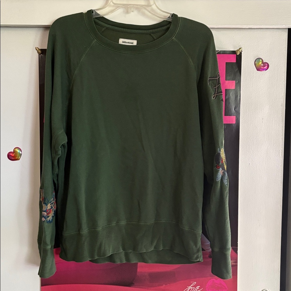 Zadig & Voltaire Green Sweatshirt w/ Butterfly and Skeleton Embroidered Sleeves - Picture 3 of 6